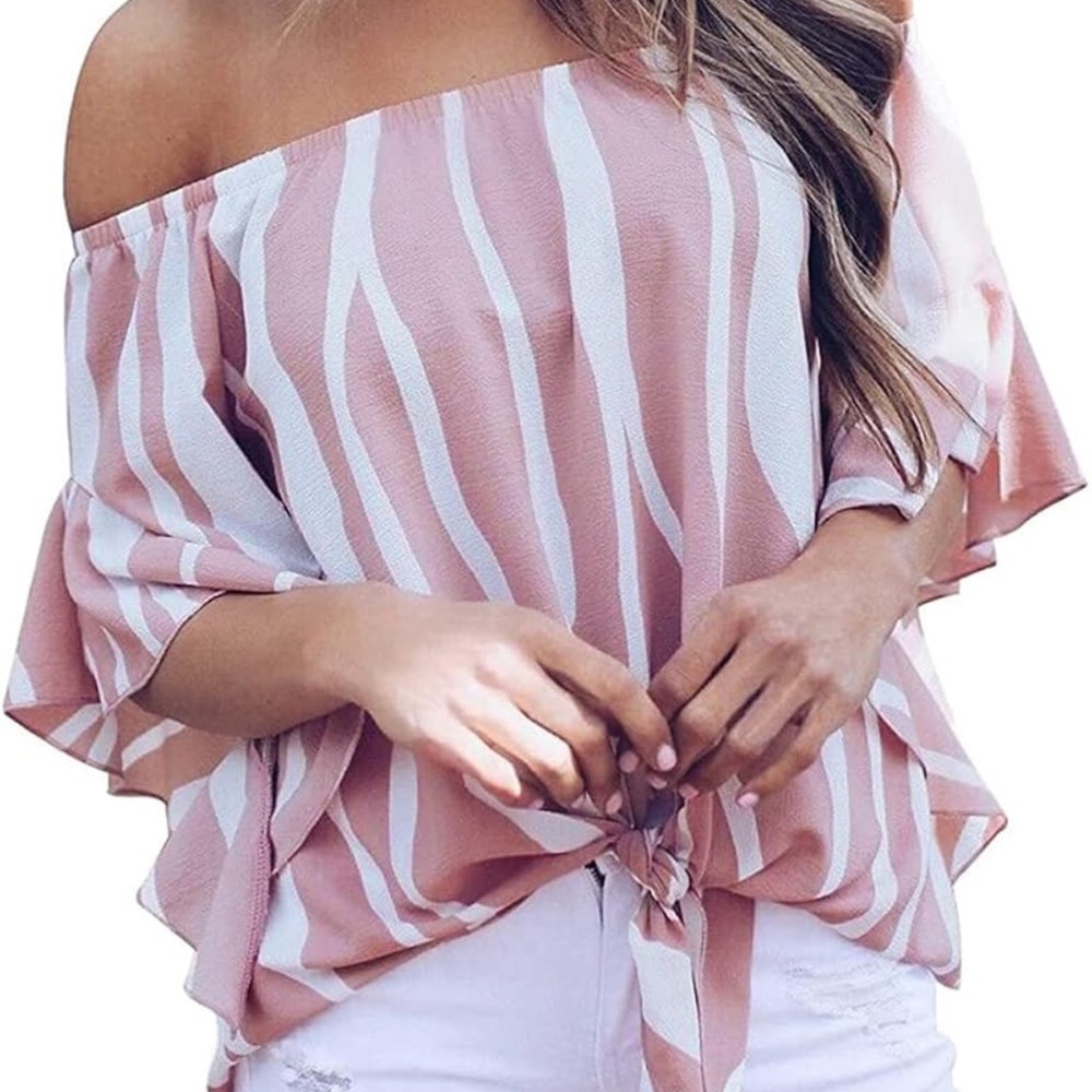 Women's Off-Shoulder Pink and White Striped Top